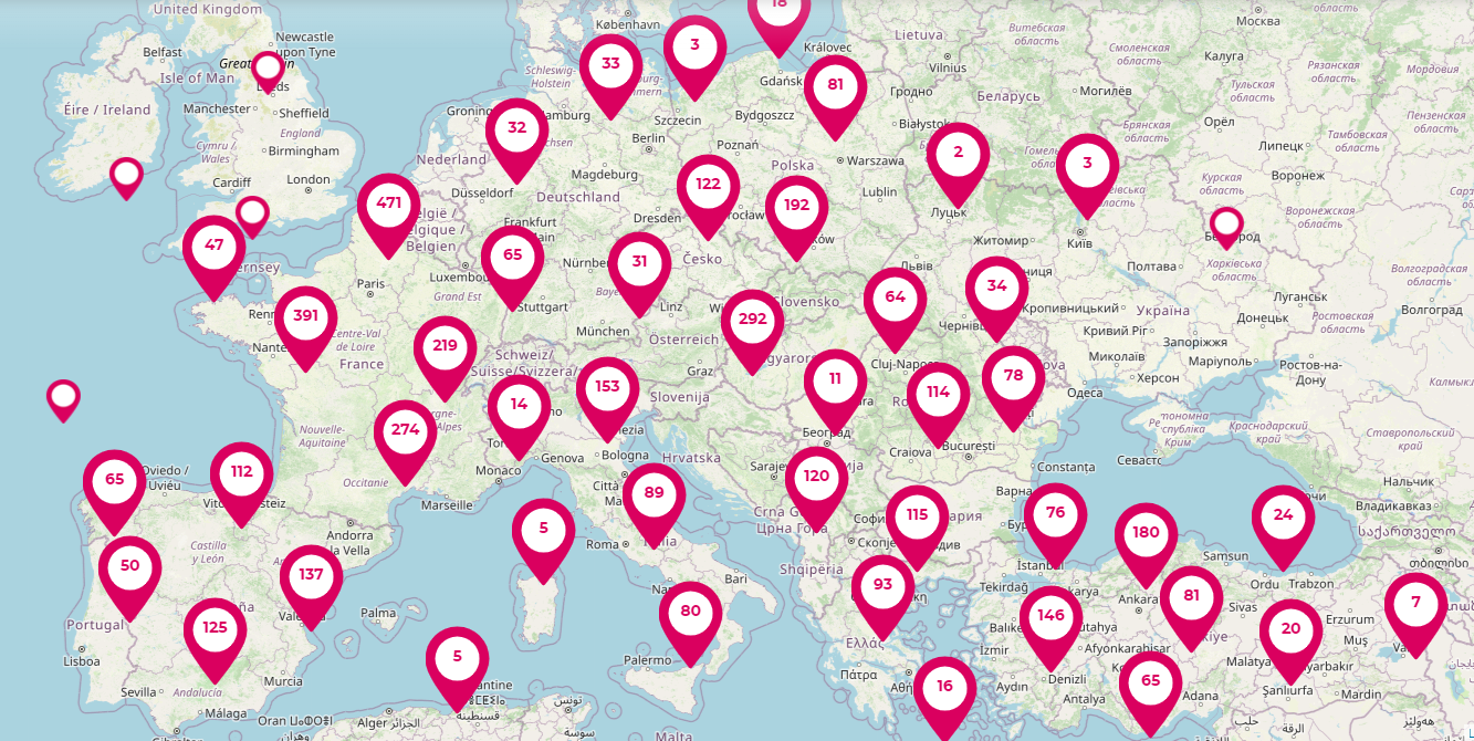 A map of Europe with indications of how many events related to the ERASMUS+ days are organized by geographic region